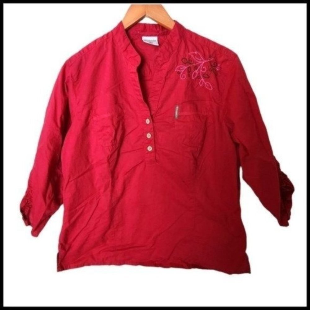 Columbia Pink Embroidered Peasant Blouse Pockets L Large Organic Cotton